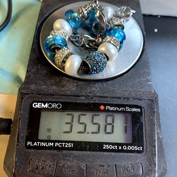 Silvertone Slide Charm Bracelet Blue Crystal Blue & White Slide Charm Adjustable - Picture 12 of 12